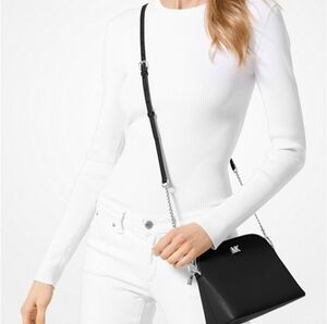 MICHAEL KORS Black Saffiano Leather Dome Crossbody Bag Silver Chain